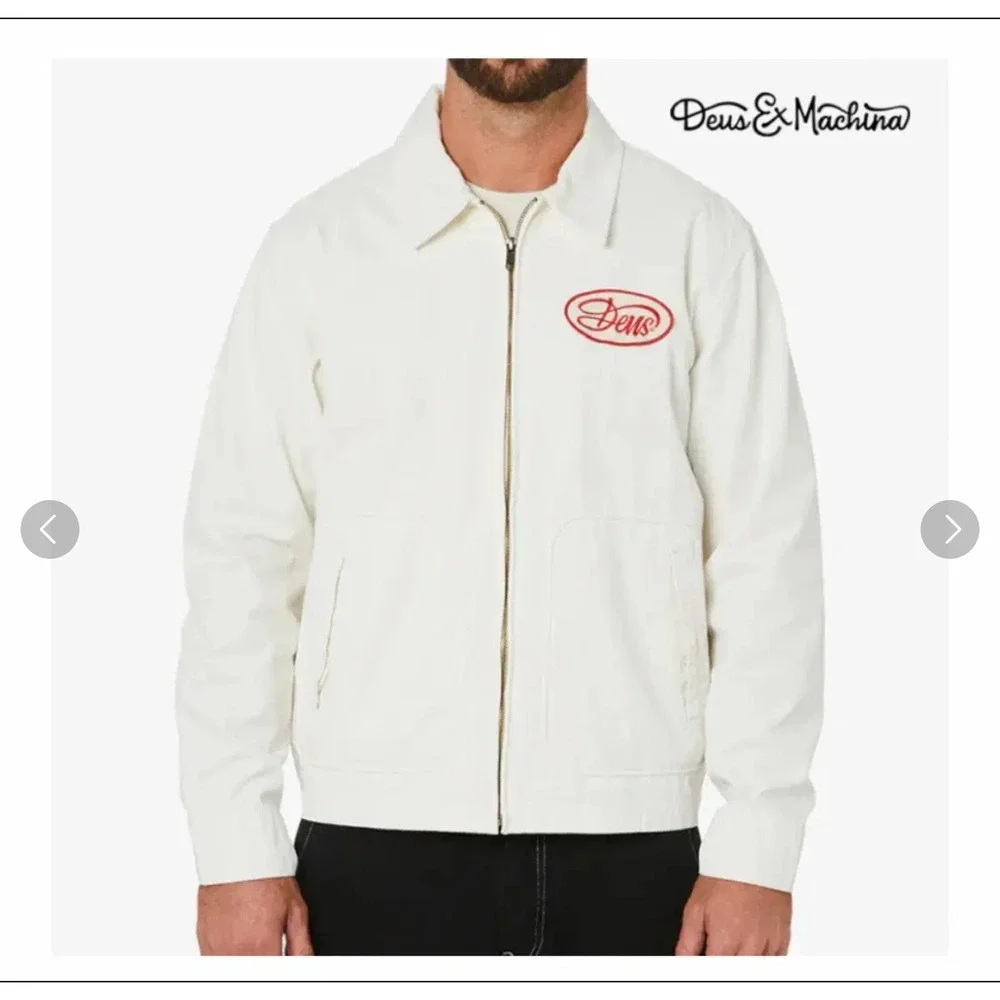 Deus Ex Machina Gulf Drizzler Jacket White Red Embroidered Moto Mechanic - S